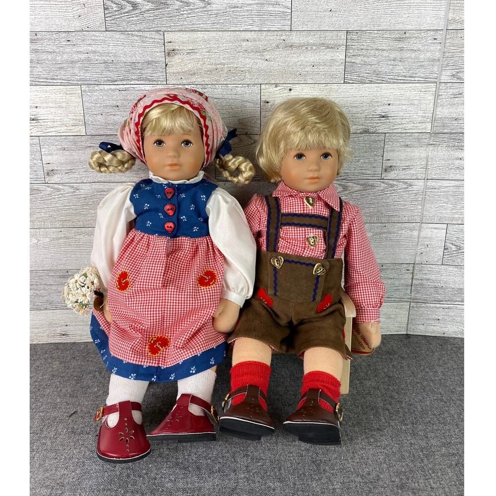 KATHE KRUSE GLUCKSKIND First Love 100 Year Edition Dolls Pair with Wooden Bench